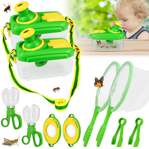 conglow Bug Catcher for Kids - 2Sets Bug Catching Kit with Bug Collector Butterfly Net Insect Catcher Tweezer and Magnifying Glass, Outdoor Explorer Kit Toys for Kids Age 3-8(2 Sets)