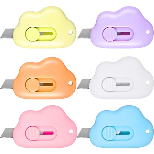 6 Pieces Mini Utility Knives Cloud Shaped Box Cutter Retractable Letter Opener Assorted Colors Cloud Envelope Slitter Carton Portable Paper Cutter with Key Chain Hole