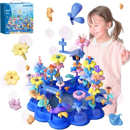MHYHLQ Toddler Toys Birthday Gifts for Girls Boys Age 3 4 5 6 7 Years Old (95 PCS), Flower Garden Building Set with Ocean Animals Theme Toys, Educational Fine Motor Stacking Flower Building Toy Set