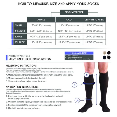 Truform Compression Socks, 20-30 mmHg, Men's Dress Socks, Knee High Over Calf Length, Navy, Medium,1944NV-M
