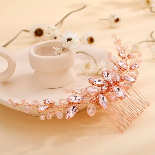 Teyglen Bridal Pink Rhinestone Crystal Hair Comb Headband Handmade Wedding Hair Pieces for Bride Floral Headpieces Hair Accessories for Women Girls (Pink)