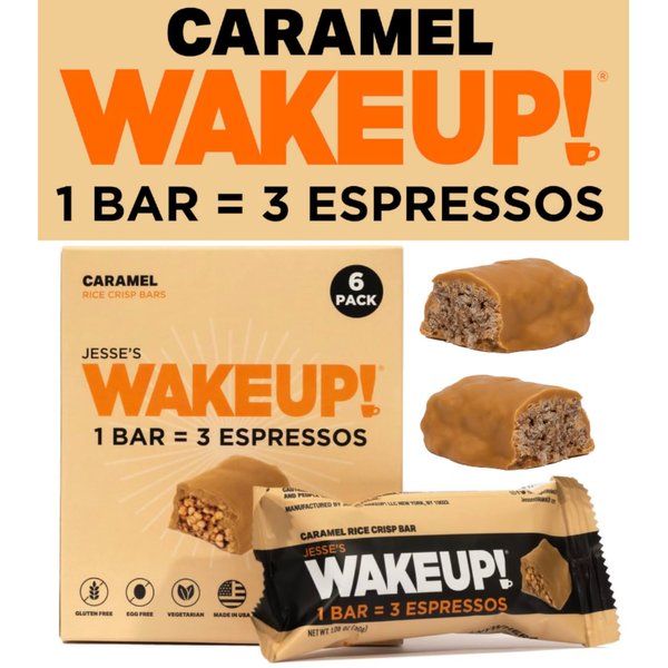 WAKE UP! Caffeinated Caramel Protein Bars - Gluten Free, Vegetarian, 350mg Caffeine (1 Bar = 3 Espressos) - Boosts Focus and Clarity - Kosher Ingredients - 6 Pack