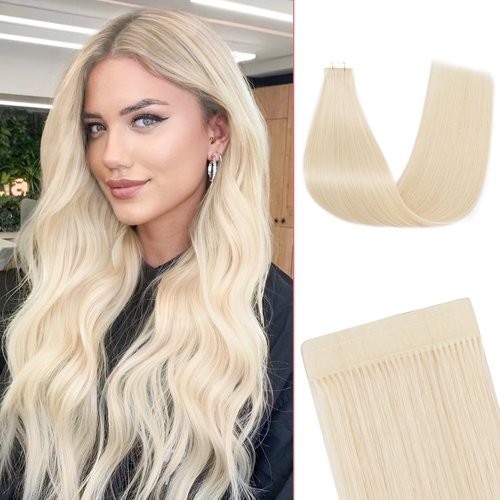 SEGO Double-Stitched Tape in Hair Extensions Human Hair Invisible Tape in Hair Extensions Long Straight Tape Hair Extensions for Women,14 Inch,#60 Platinum Blonde,20pcs 36g