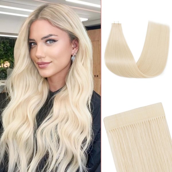 SEGO Double-Stitched Tape in Hair Extensions Human Hair Invisible Tape in Hair Extensions Long Straight Tape Hair Extensions for Women,14 Inch,#60 Platinum Blonde,20pcs 36g