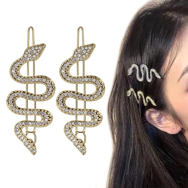 2PCS Metal Snake Hair Pins Alloy Snake Hair Clips with Sparkly Rhinestones Set Hair Jewelry Accessories For Girls Women Headdress (Gold)