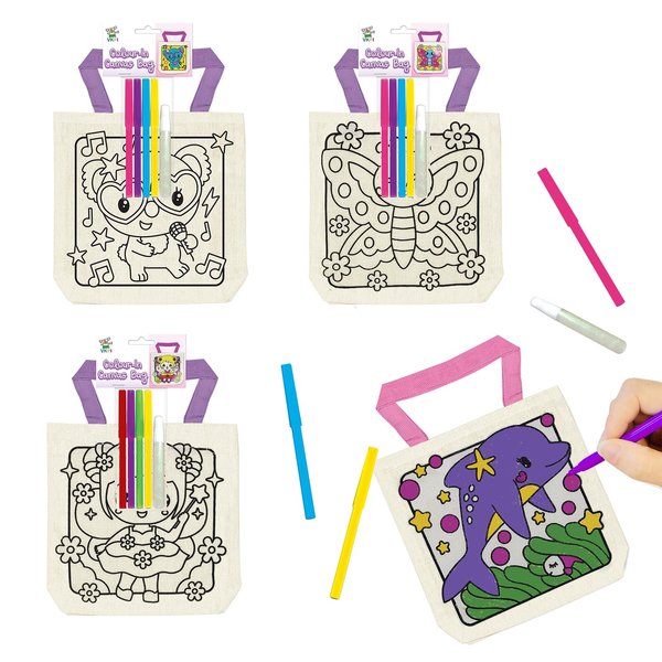 VKPI 8 Pieces Kids Coloring Goodie Bags, Reusable Canvas Bag, Cute Art Party Favors, Color Your Own Bags for DIY Painting Birthday Carnival Celebration, Party Supplies Gift, Girls