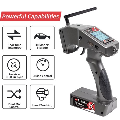 Radiolink RC6GS V3 7 Channels RC Transmitter and Waterproof Gyro Receiver R7FG, 30 Models Storage 2.4Ghz Voltage Telemetry Surface Remote Radio Controller for RC Crawler, Drifting, Car and Boat