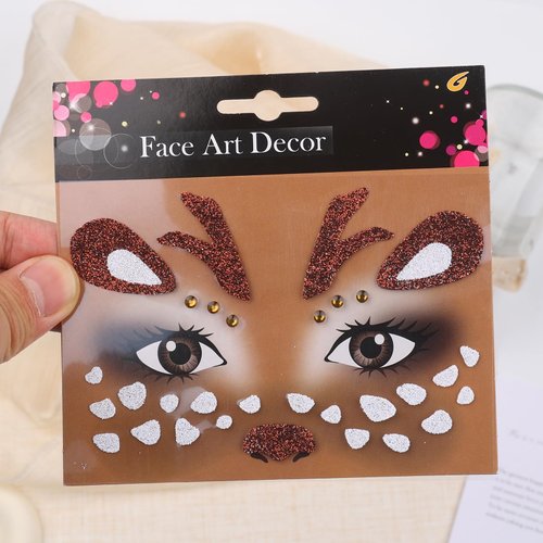Cute Deer Face Sticker Christmas Face Jewel Gems Stickers Glitter Sparkling Animal Face Eye Decoration for Make Up Halloween Party Supplies 2 Pcs (Reindeer)
