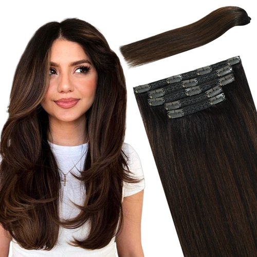 FUBILI Clip in Hair Extensions Balayage Dark Brown to Chestnut Brown Ombre Real Human Hair 12 Inch 80g 5pcs Natural Remy Hair Extensions