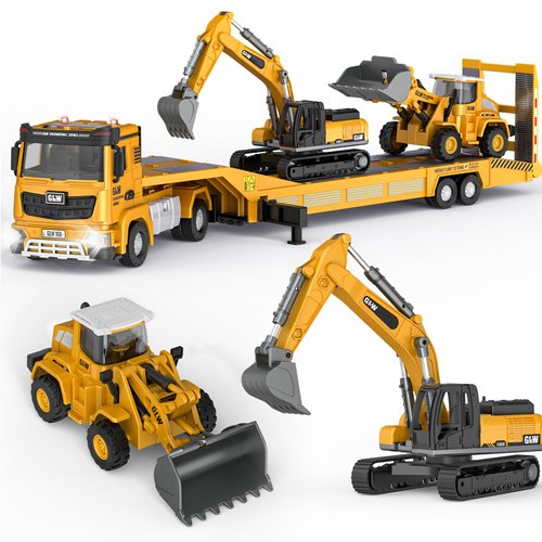Pupu Pig Kids Toys for 3 4 5 6 7 Years Old Boys, Die-cast Construction Toys Set w/Semi Truck, Excavator, Bulldozer, Alloy Engineering Construction Vehicles Truck Toys w/Lights & Sounds, Model Cars
