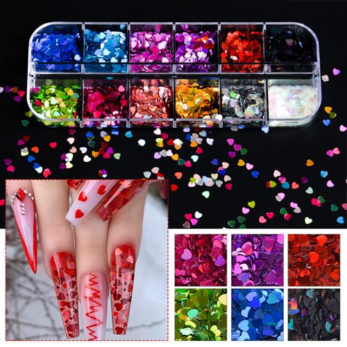 36 Colors Heart Glitter Nail Art Sequins, EBANKU Holographic Heart Shaped Nail Sequin Laser Heart Nail Art Flake Glitter Decals for Valentine's Day Face Eyes Nail Art Decoration DIY Craft (3 Boxes)