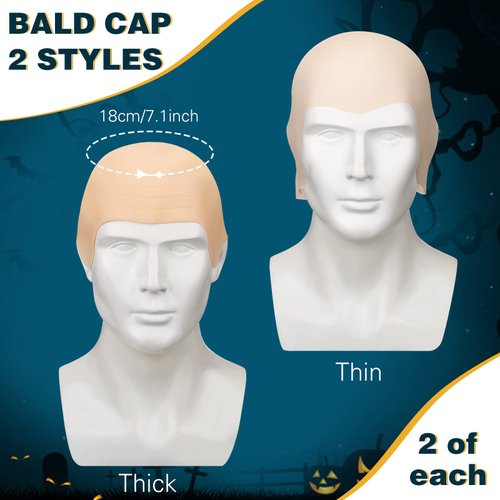 Hanaive 8 Pcs Halloween Bald Head Cap Party Costume Include 4 Makeup Latex Bald Caps and 4 Hair Wig Caps for Adults Women Men(Multi Style)