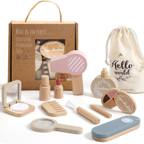 OESSUF Wooden Makeup Toy Sets for Girls, Toddlers Fake Makeup Kit, Pretend Wood Beauty Salon Toys for Kids Little Girls Princess, Christmas Birthday Gift Toy for 3 4 5 6 7 8 9 10 Year Old
