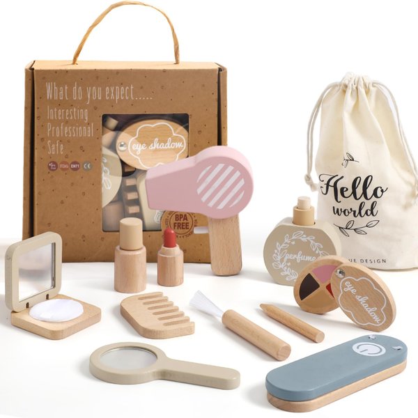 OESSUF Wooden Makeup Toy Sets for Girls, Toddlers Fake Makeup Kit, Pretend Wood Beauty Salon Toys for Kids Little Girls Princess, Christmas Birthday Gift Toy for 3 4 5 6 7 8 9 10 Year Old