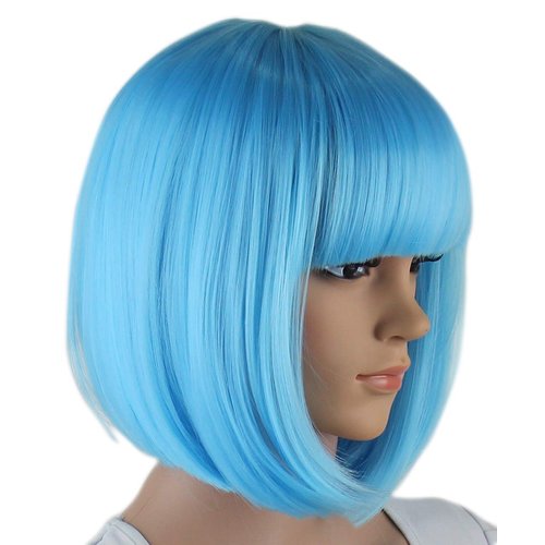 Sky Blue Bob Wigs and A Wig Cap, Short Straight Flat Bangs, Cool Summer Sexy Stylish Cosplay Party Hair Wigs, wig003SBL