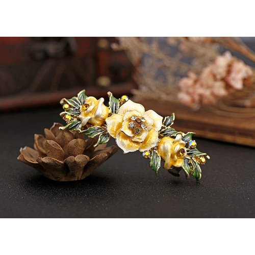 Fodattm Women Lady Vintage Exquisite Flower French Hair Barrette Metal Hairpin Rhinestone Spring Hair Clip Bridal Wedding Crystal Hair Clasps (Yellow)