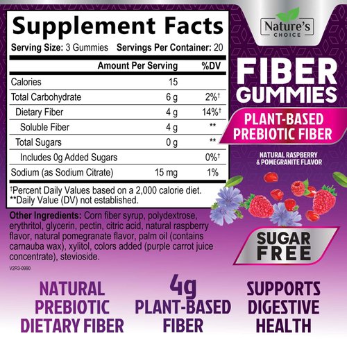 Sugar Free Fiber Gummies for Adults, Daily Prebiotic Fiber Supplement & Digestive Health Support - Supports Regularity & Digestive Health, Nature's Plant Based, Non-GMO, Berry Flavor - 60 Gummies