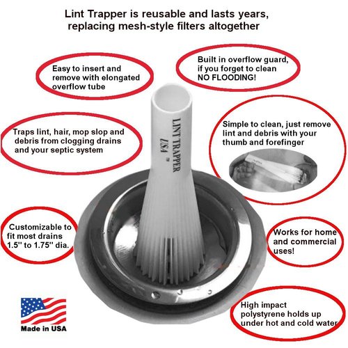Lint Hair Trapper for filtering Washing Machine Utility Tub and Sink drains-reusable and customizable with built-in overflow guard. Traps Lint, hair and debris from drains, replaces all Mesh filters