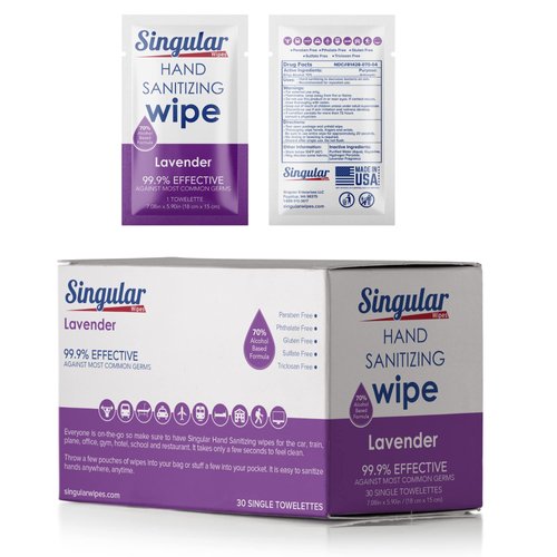 HAND SANITIZING WIPES - Individually Packed Premium Hand Sanitizing Wipes for Travel, Home, Office, School, etc. with Fragrance and Moisturizer - Manufactured in USA (Lavender 30ct Box)