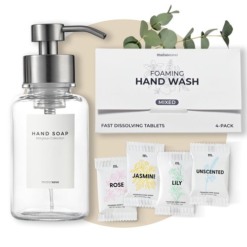 MAISONOVO Foaming Hand Soap Refills | 4 Mixed Foaming Hand Soap Refills + 1 Clear Glass with Silver Pump Foaming Dispenser | Hand Soap Foam Refill