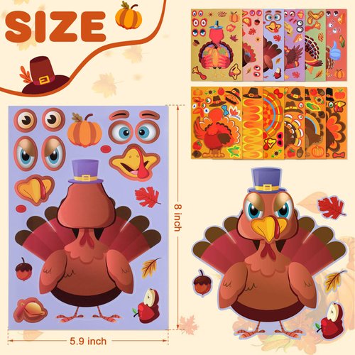 Thanksgiving Stickers for Kids, 24PCS Make a Turkey Face Stickers Thanksgiving Turkey Games Fall Thanksgiving Party Supplies Party Favors Thanksgiving Kids Crafts Gifts for Toddlers Boys Girls