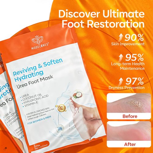 modelones 6 Pairs Hydrating Foot Mask for Dry Cracked Feet, Deep Moisturizing with Urea + Coconut Oil + Hyaluronic Acid+ Vitamin E, Foot Care for Women and Men, Soft Smooth Feet