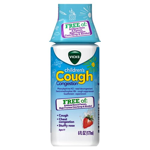 Vicks Children's Daytime Cough & Congestion Relief, FREE OF: Artificial Dyes & Flavors, High Fructose Corn Syrup & Alcohol; Non-Drowsy, Berry Flavor, For Children Ages 4+, 6 FL OZ