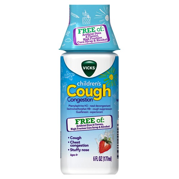 Vicks Children's Daytime Cough & Congestion Relief, FREE OF: Artificial Dyes & Flavors, High Fructose Corn Syrup & Alcohol; Non-Drowsy, Berry Flavor, For Children Ages 4+, 6 FL OZ