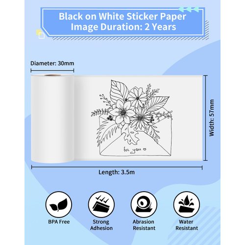 Fimax 6 Roll Mini Printer HD Photo Paper, 30 x 57mm Thermal Paper White Self-Adhesive for M02, T02, PeriPage A6 Portable Bluetooth Pocket Mobile Printer and other Portable Thermal Printer