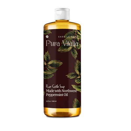 Pura Vitalia Peppermint Pure Castile Soap Liquid with Olive Oil & Essential Oils; for Face Wash, Hand, Body, Laundry and Beyond, Eco-friendly & fully Biodegradable Organic Castile Soap, 32 fl oz.