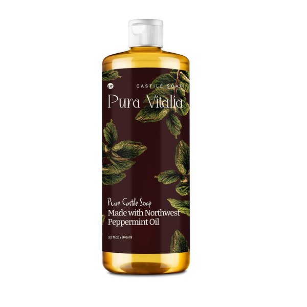 Pura Vitalia Peppermint Pure Castile Soap Liquid with Olive Oil & Essential Oils; for Face Wash, Hand, Body, Laundry and Beyond, Eco-friendly & fully Biodegradable Organic Castile Soap, 32 fl oz.
