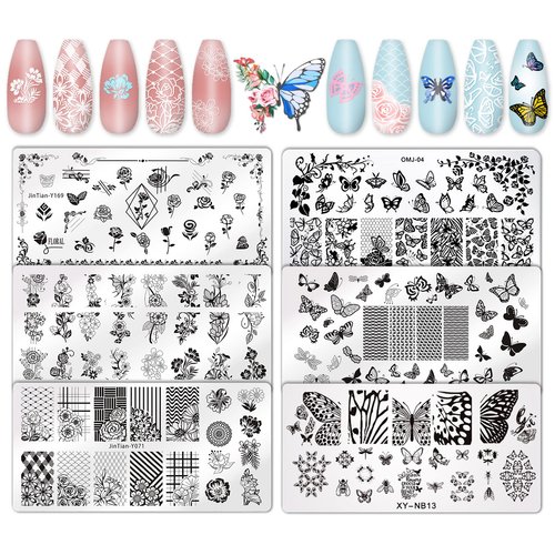Whaline 6Pcs Flower Butterfly Nail Art Plates Rectangular Floral Stamping Plates Butterfly Image Stamp Templates Stamping Kit for Women Spring Summer DIY Print Manicure Salon Design Gift