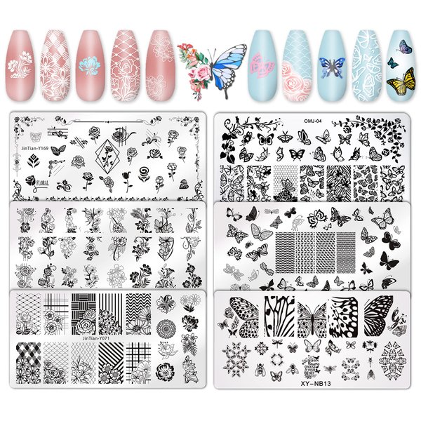 Whaline 6Pcs Flower Butterfly Nail Art Plates Rectangular Floral Stamping Plates Butterfly Image Stamp Templates Stamping Kit for Women Spring Summer DIY Print Manicure Salon Design Gift