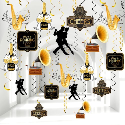 Epakh 30 Pcs Roaring 1920s Swirls Party Decorations Speakeasy Black and Gold Happy New Year Gatsb...