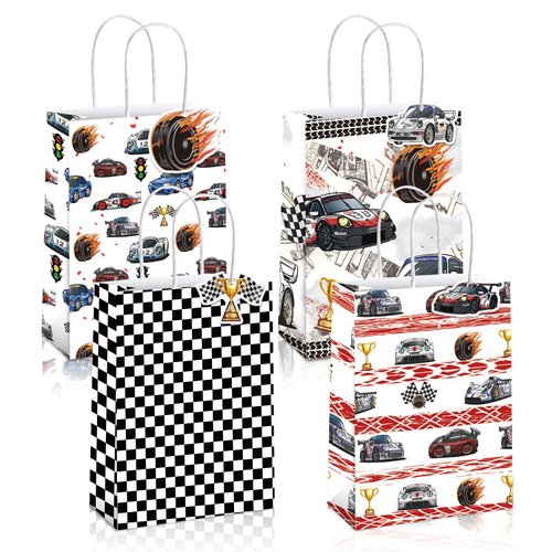 Mpanwen Race Car Goodie Bags, 16 Pcs Racecar Racing Party Favor Candy Treat Gifts Bags With Handle for Birthday Baby Shower Holiday Party Decorations