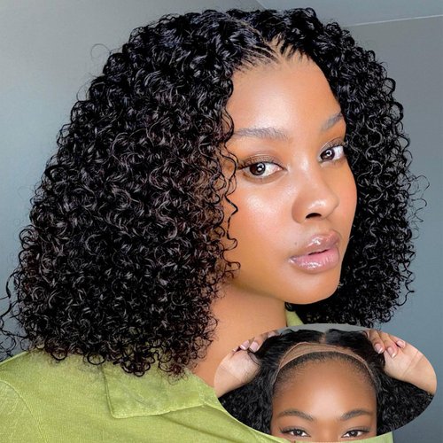 Wear and Go Glueless Bob Wigs Human Hair Pre Plucked Pre Cut Water Wave Curly Bob Wig Human Hair Glueless Short 4×4 Lace Front Wigs Human Hair For Black Woman Natural Black 12inch 180% Density