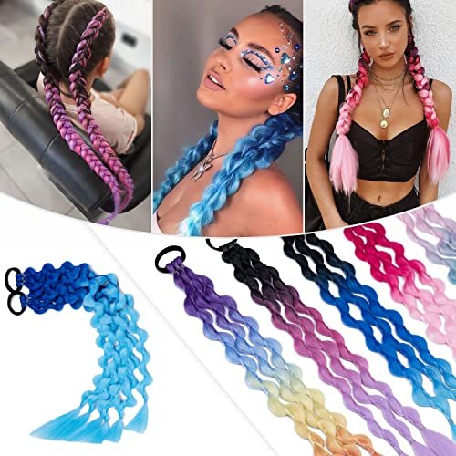 Hairro Colored Braids Hair Extensions with Rubber Bands, Rainbow Braided Synthetic Hairpieces Ponytail Hair Accessories for Women Kids Party Highlights Cosplay 24 Inch 2pcs/Pack