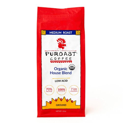 Puroast Low Acid Coffee | Ground Coffee | Organic House Blend | Medium Roast | Certified Low Acid Coffee | pH 5.5+ | Gut Health | 12 Oz | Higher Antioxidant | Smooth for Espresso & Cold Brew