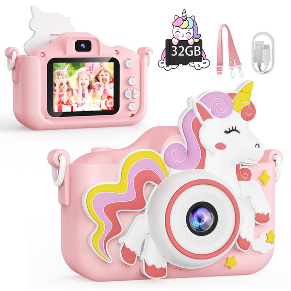 KOKODI Kids Camera Toy Digital Camera for Kids, Birthday Gifts for Girls Age 3-12, 1080P HD Video Camera for Toddler, Unicorn Children Toys for 3 4 5 6 7 8 9 Year Old Girls with 32GB SD Card