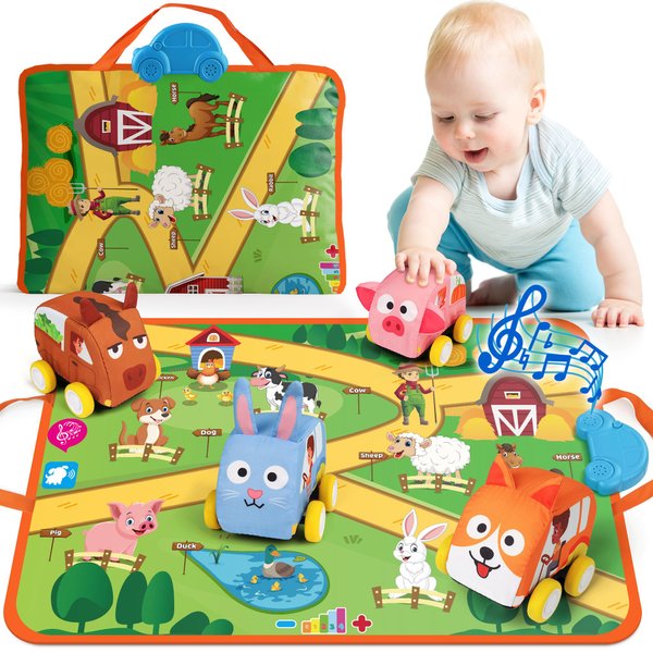 Coogam Musical Cars Play Mat for 1 2 3 Year Old Toddlers, Soft Pull-Back Vehicle Set with Farm Animals Playmat Rug, Baby Fine Motor Skills Toys Game Montessori Learning Gift