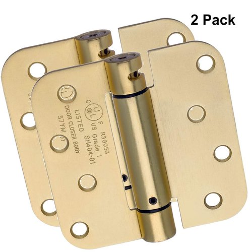 Dynasty Hardware 4 inch Spring Loaded Door Hinge Self Closing with 5/8" Radius Corners, Satin Brass - Pack of 2 Hinges