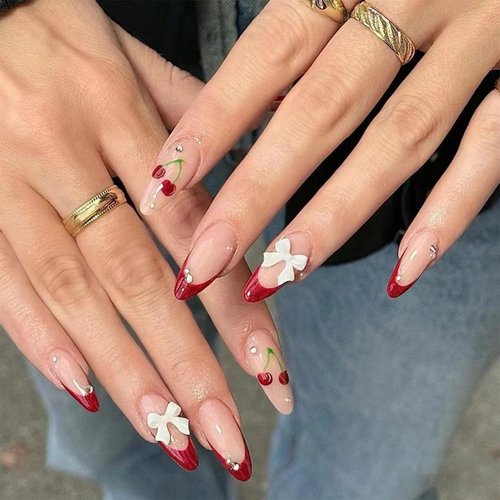 IMRAIN Press on Nails Medium Almond Fake Nails Red French Tips False Nails with Cherry & Bow Designs Stiletto Glue on Nails Full Cover Acrylic Artificial Nails for Women Girls 24Pcs
