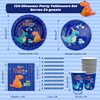 MIG4U 120PCS Dinosaur Plates for Birthday Party Decorations, 24 Dinosaur Paper Plates and Napkins Sets with Cups & Straws for Boy and Girl, Dino Kids Party Supplies Blue