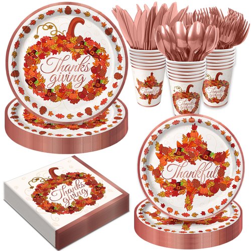 168Pcs Thanksgiving Paper Plates and Napkins Maple Leaf Pumpkin Party Decorations Includes Plates, Napkins, Cups, Cutlery for Thanksgiving Autumn Party Supplies, Serve 24 Guests