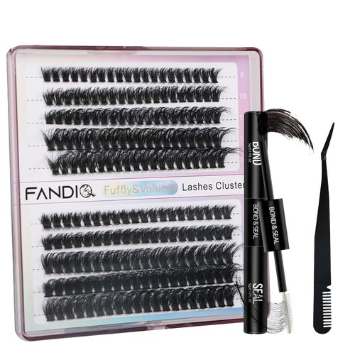 FANDIQ Cluster Lashes Extension Kit,200PCS Individual Eyelash Extension Kit 8-16MIX Fluffy DIY Lash Clusters D Curl Wisper Lashes Kit with Lash Bond and Seal Lash Tweezers for Self Use(60D&80D MIX)