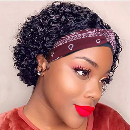 VRZ Short Curly Headband Wig Human Hair Wigs for Women Pixie Cut Kinky Curly Bob Glueless Half Wigs 150% Density Natural Black 6 Inch