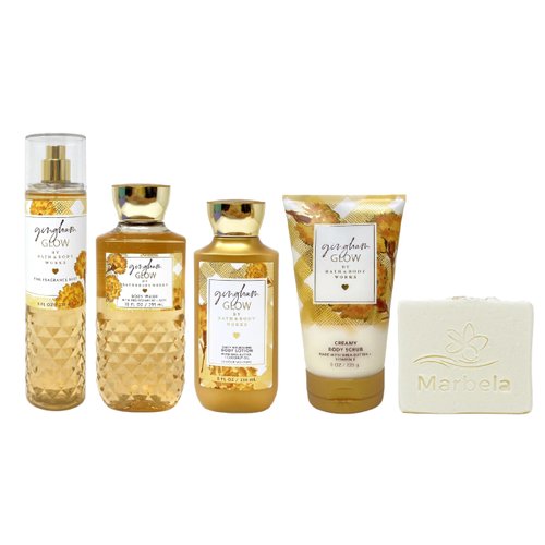 Bath & Body Works Gingham Glow 4 Piece Gift Set - Fragrance Mist - Body Wash - Body Lotion and Body Scrub - with a Natural Oats Bar Soap - Full Size