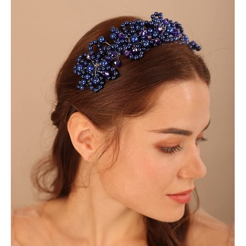 Xerling Floral Pearl Headband Tiara for Girls Bridal Hair Accessory for Wedding Blue Crystal Crown for Party Headdress Hair Band Jewelry (Blue)