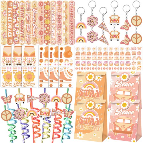 Groovy Party Favors 72 PCS Retro Boho Slap Bracelets DIY Stickers Temporary Tattoos Keychains Plastic Straws Gift Bags for Retro 60s 70s Boho Themed Birthday Party Baby Shower Classroom Rewards