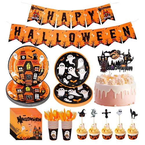 VinTS 152pcs Halloween Party Plate Sets,Disposable Halloween Tableware,Halloween Party Plates,Napkins,Cups,Banner,Cupcake Toppers decor for Halloween Birthday Serves 20 Guests
